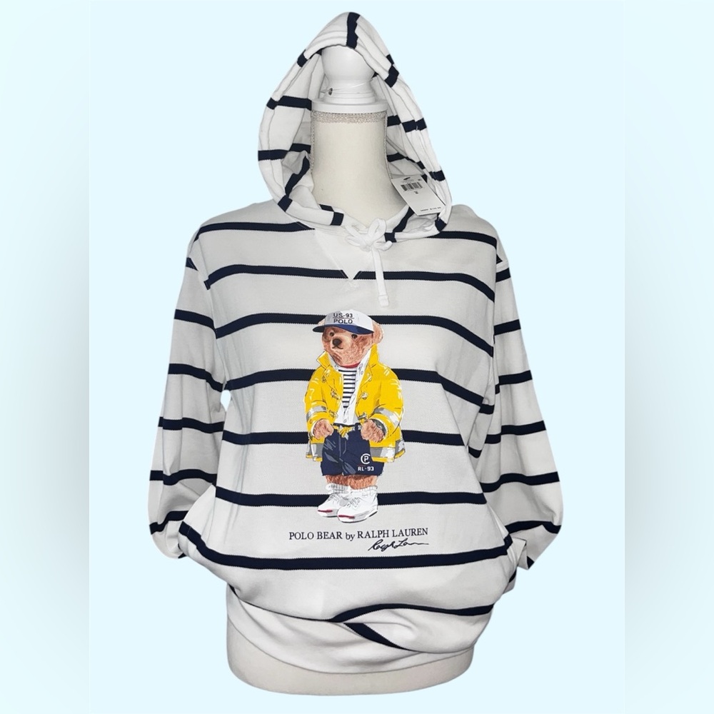 NWT Ralph Lauren White and Black Striped Hoodie with Bear Motif